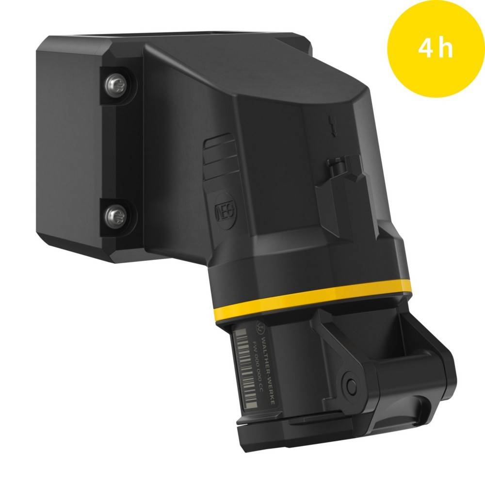 Ein schwarz-gelbes Ladegerät mit einer '4h'-Beschriftung, die eine Ladezeit von vier Stunden anzeigt.