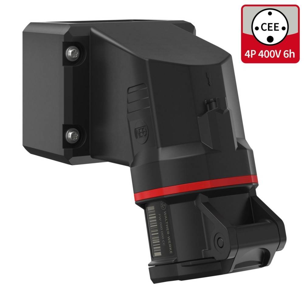 Ein schwarzer und roter Industriestecker mit einer Beschriftung, die „CEE 4P 400V 6h