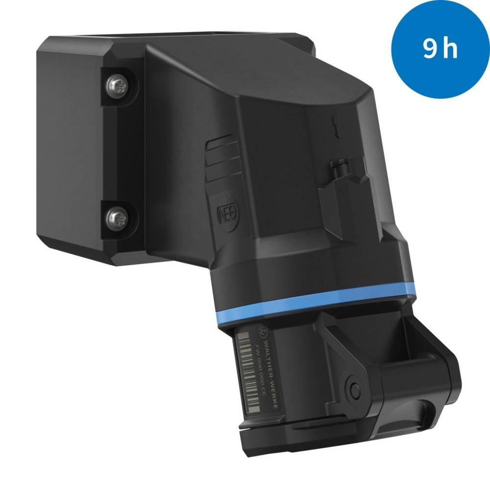 Ein schwarzer Laserscanner mit blauem Akzent, auf einer Halterung montiert, mit einer Beschriftung '9h' in einem blauen Kreis, der ein Neun-Stunden-Feature anzeigt.