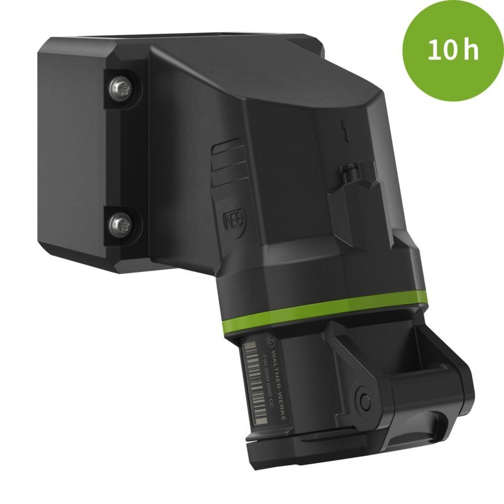 Eine schwarze und grüne Akku-Batterie für Elektrowerkzeuge mit einem grünen Kreis in der oberen rechten Ecke, der '10h' anzeigt und damit 10 Stunden Akkulaufzeit signalisiert.