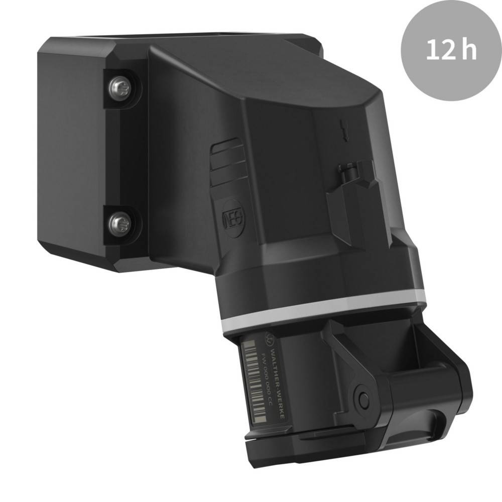 Eine Nahaufnahme eines schwarzen und grauen Wand montierten Sensors oder Geräts mit einer Beschriftung '12h' in der Ecke.