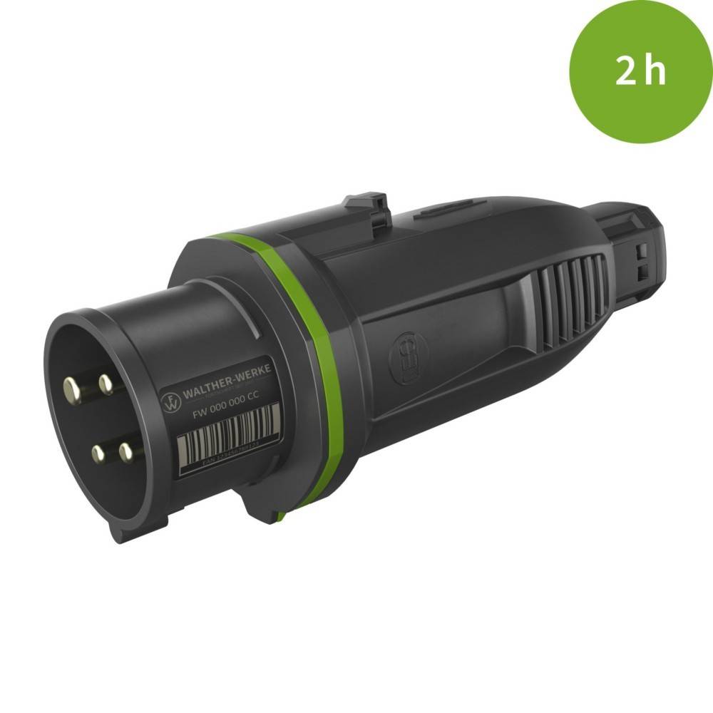 Ein schwarzer zylindrischer Elektrostecker mit einem grünen Band und drei runden Stiften. Ein grüner Kreis oben rechts zeigt '2h'.