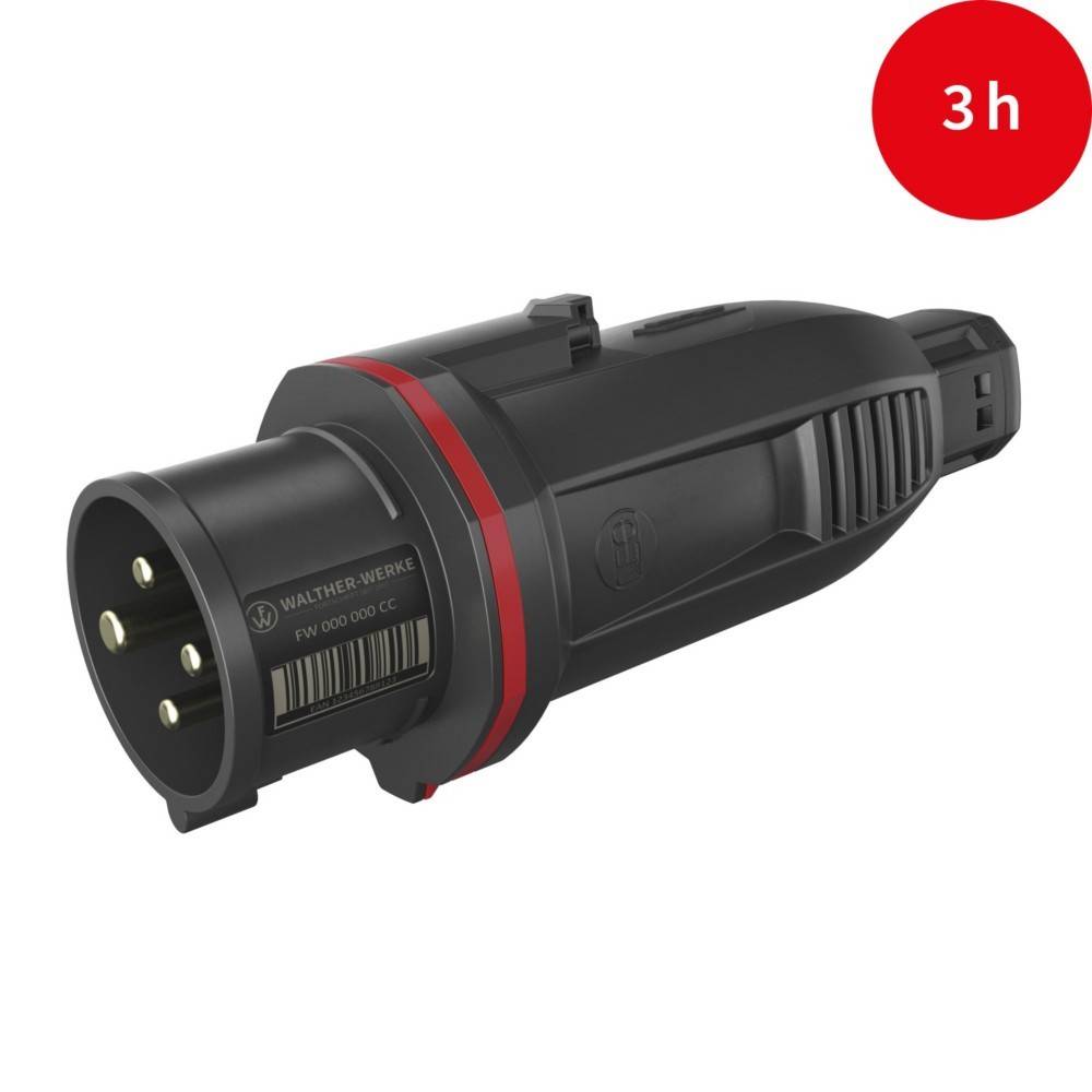 Ein schwarzer industrieller Stecker mit drei Kontakten, oben rechts mit einem roten Kreis und der Beschriftung ‚3h', was auf die Ladedauer hinweist.