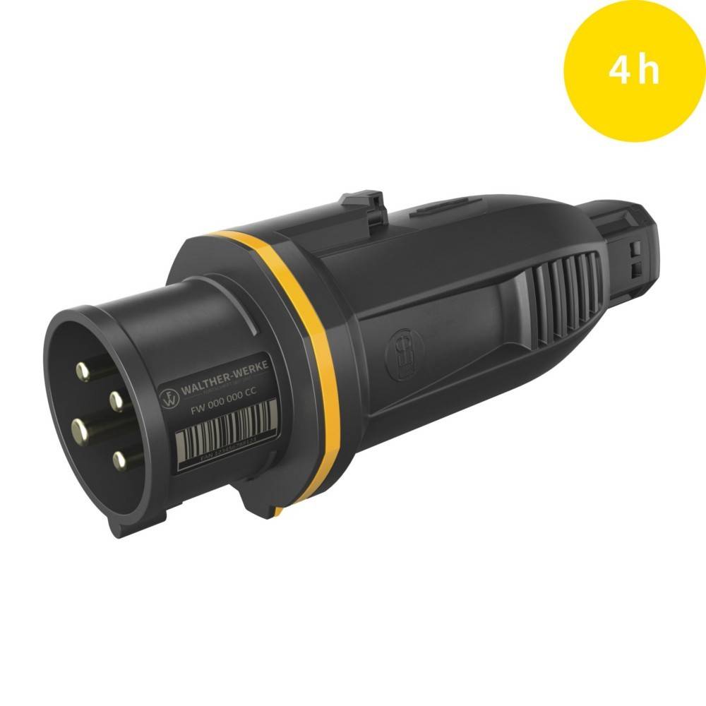 Ein schwarzes Ladekabel mit einem gelben Band und mehreren Anschluss-Steckerpins. Ein gelbes '4h'-Symbol zeigt eine Ladezeit von 4 Stunden an.