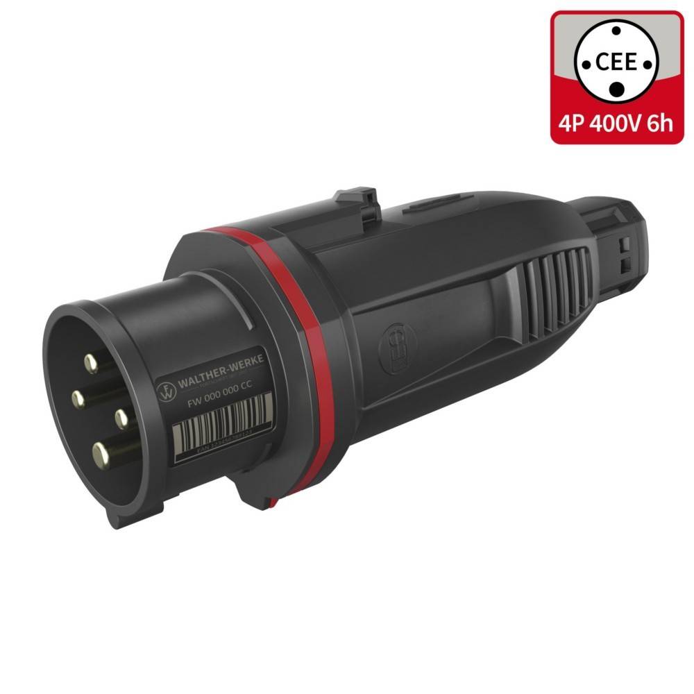 Schwarzer CEE Industriestecker mit 4 Pins, mit der Beschriftung 4P 400V 6h auf einem roten Etikett. Entwickelt für hochleistungsfähige elektrische Anschlüsse.