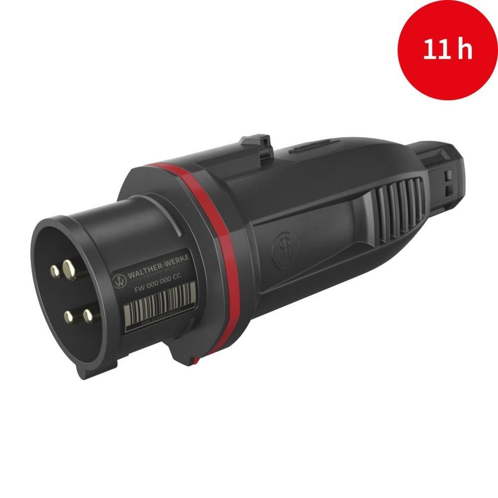 Ein schwarzer elektrischer Stecker mit rotem Akzent, für industrielle Zwecke konzipiert. Ein roter Kreis in der Ecke zeigt '11 h' an, was auf die Ladedauer hinweist.