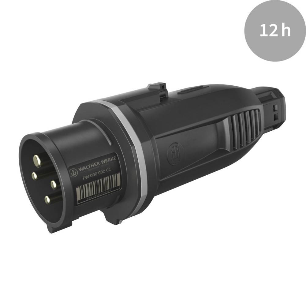 Ein schwarzer elektrischer Stecker mit mehreren Pins, mit der Aufschrift 