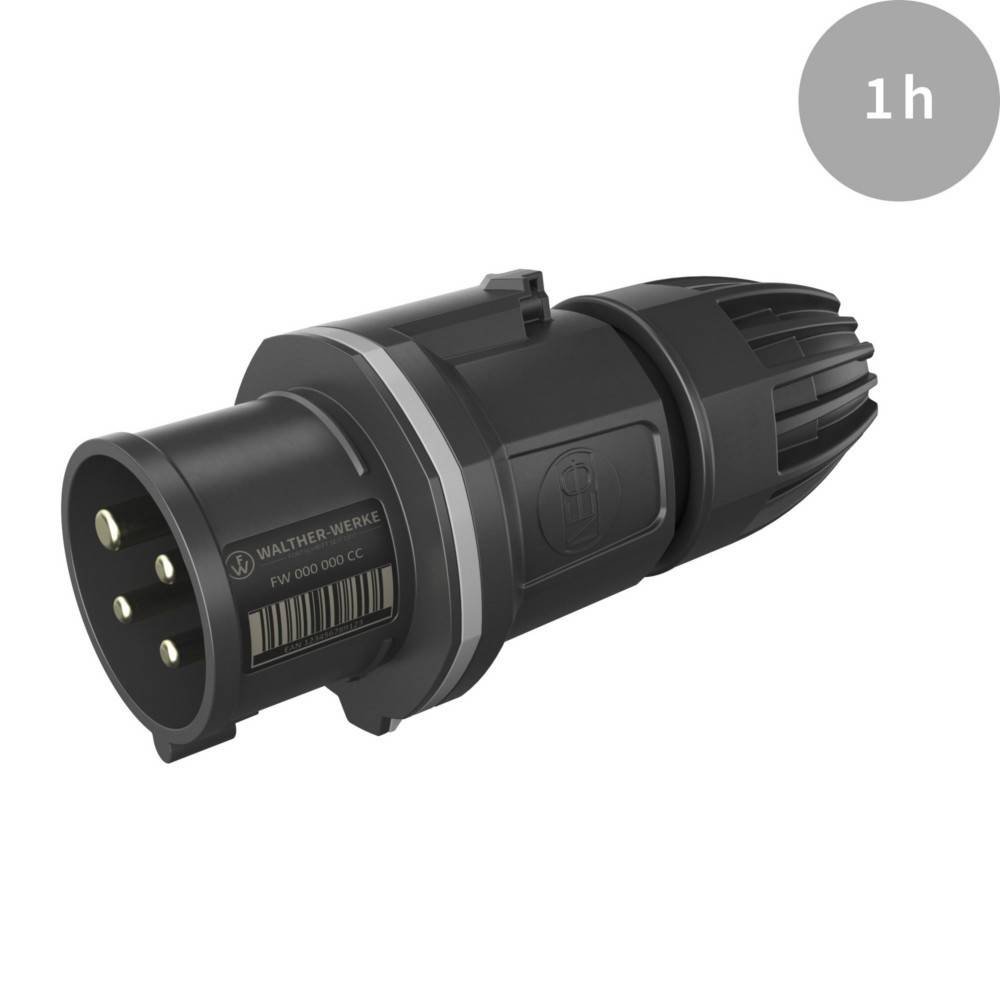 „Industrieller Stromstecker mit drei Stiften, gekennzeichnet für einstündige Verwendung.