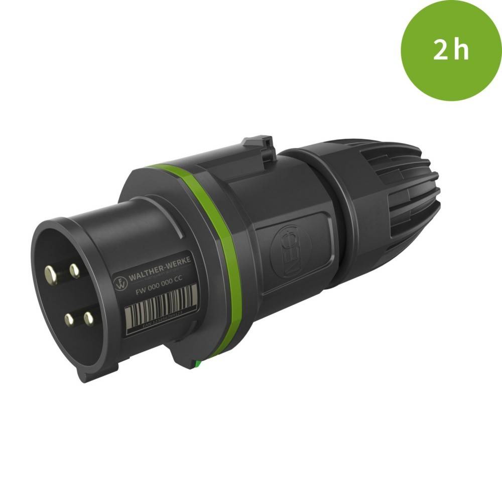 Ein schwarzer industrieller Steckverbinder mit drei Pins wird gezeigt. Eine grüne Beschriftung in der oberen rechten Ecke liest '2h', was eine Dauer anzeigt.