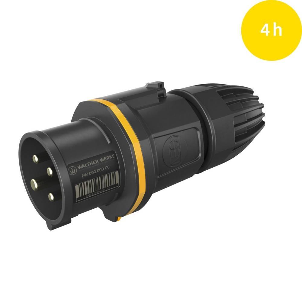 Ein schwarzer und gelber Industriestecker mit vier Stiften, in der oberen rechten Ecke mit einem gelben Kreis beschriftet, der '4h' trägt und die Dauer anzeigt.