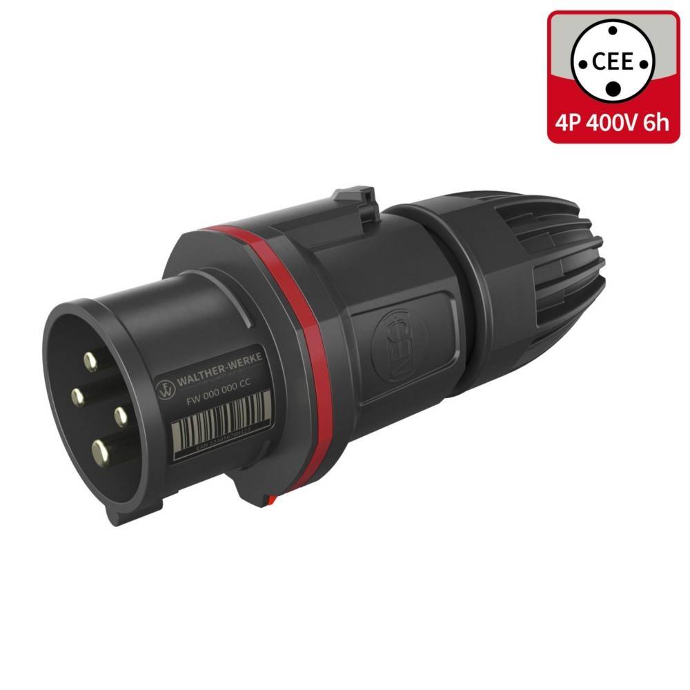 Industrieller Stecker mit 4 Pins, gekennzeichnet als CEE 4P 400V 6h, konzipiert für robuste elektrische Verbindungen und ausgestattet mit einem stabilen schwarzen und roten Gehäuse.