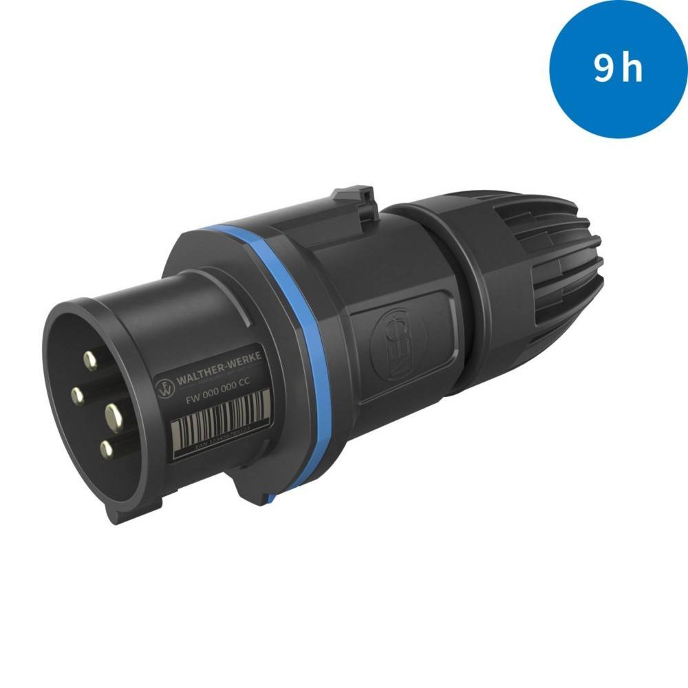 Schwarzer dreipinniger Elektrostecker mit einer blauen Linie, mit '9h' in einem blauen Kreis beschriftet, der die Nutzungsdauer angibt.