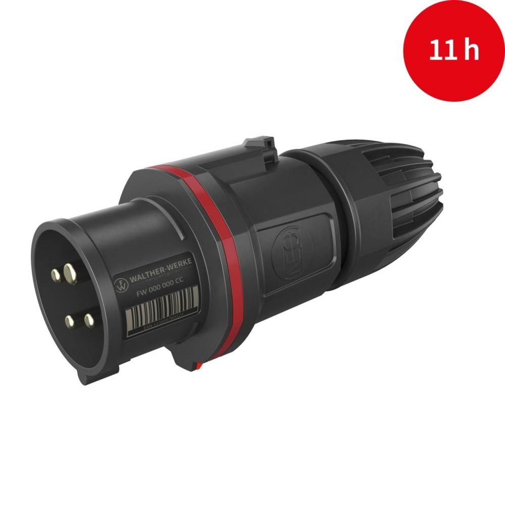 Ein schwarzer industrieller Stecker mit drei Metallstiften ist vor einem weißen Hintergrund zu sehen. Ein roter Kreis mit der Beschriftung '11 h' zeigt eine Zeitdauer an.