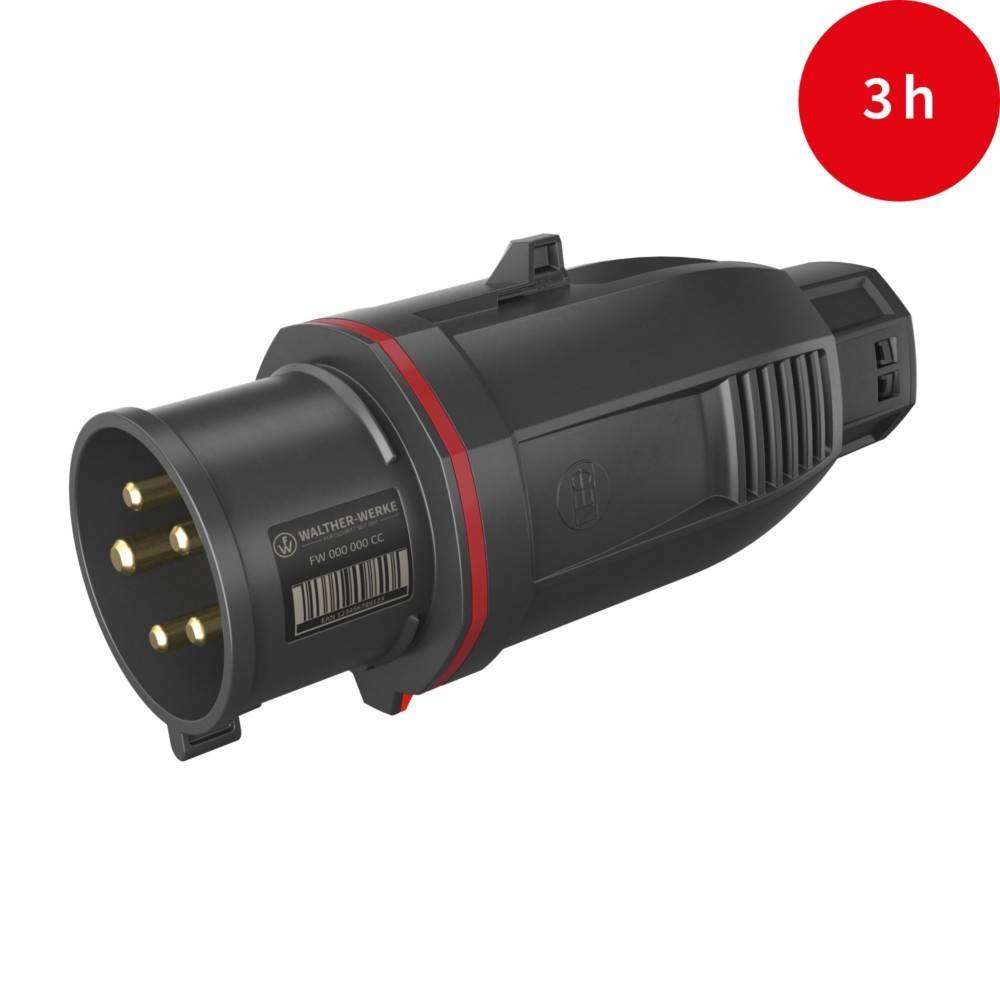 Eine Nahaufnahme eines schwarzen Elektrosteckers mit mehreren Pins, die Produktdetails hervorhebt. Ein roter Kreis zeigt '3h' und deutet auf eine zeitbezogene Funktion hin.