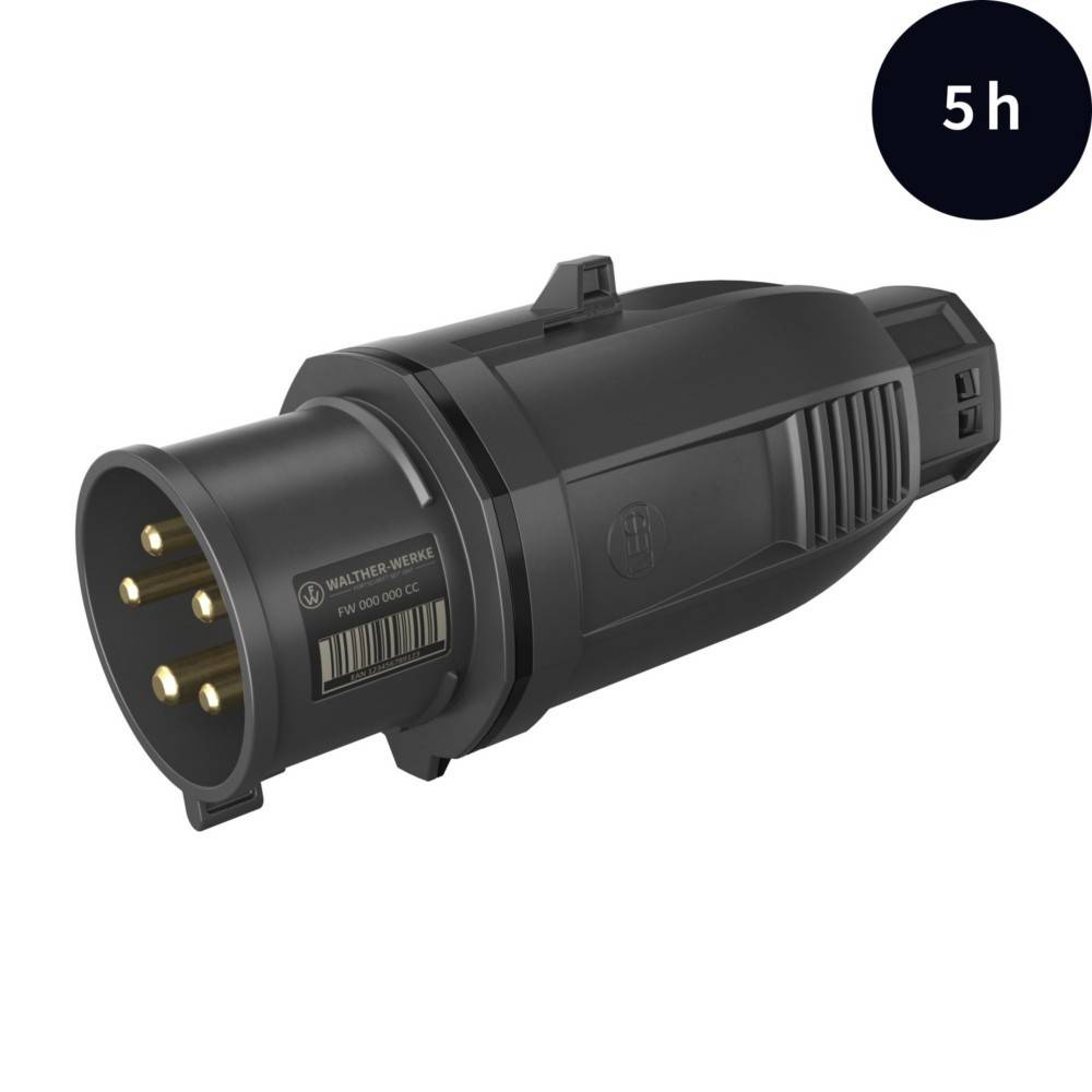 Ein schwarzer elektrischer Anschluss mit fünf Pins und '5h' in einem dunklen Kreis, der seine Nutzungsdauer anzeigt.