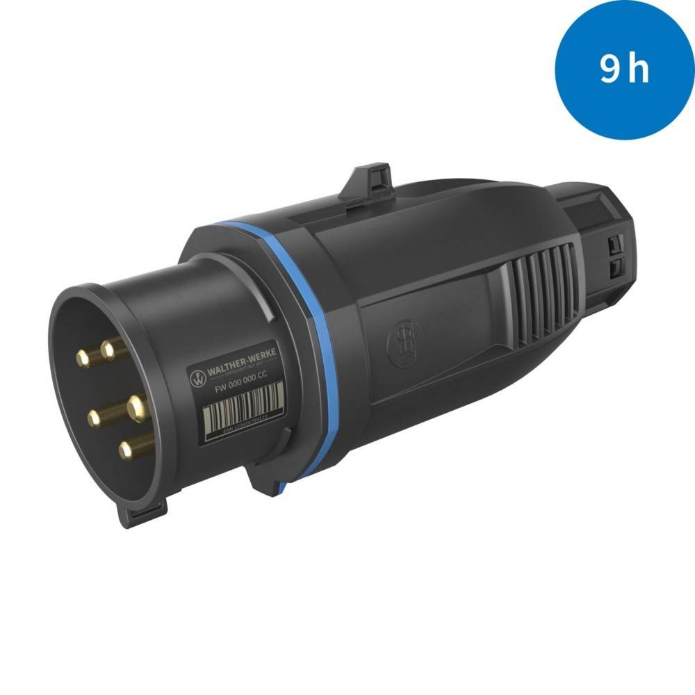 Ein Fünf-Pin-Industriestecker mit blauer Akzentuierung, beschriftet mit '9h' in einem blauen Kreis, verwendet für elektrische Verbindungen.