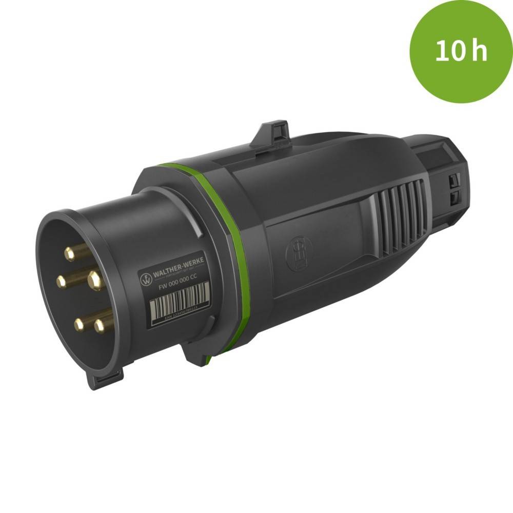 Ein schwarzer, fünfpoliger industrieller Stromstecker mit grünem Akzent ist zu sehen. Ein grüner Kreis mit der Aufschrift '10h' zeigt eine Batterielaufzeit von 10 Stunden an.