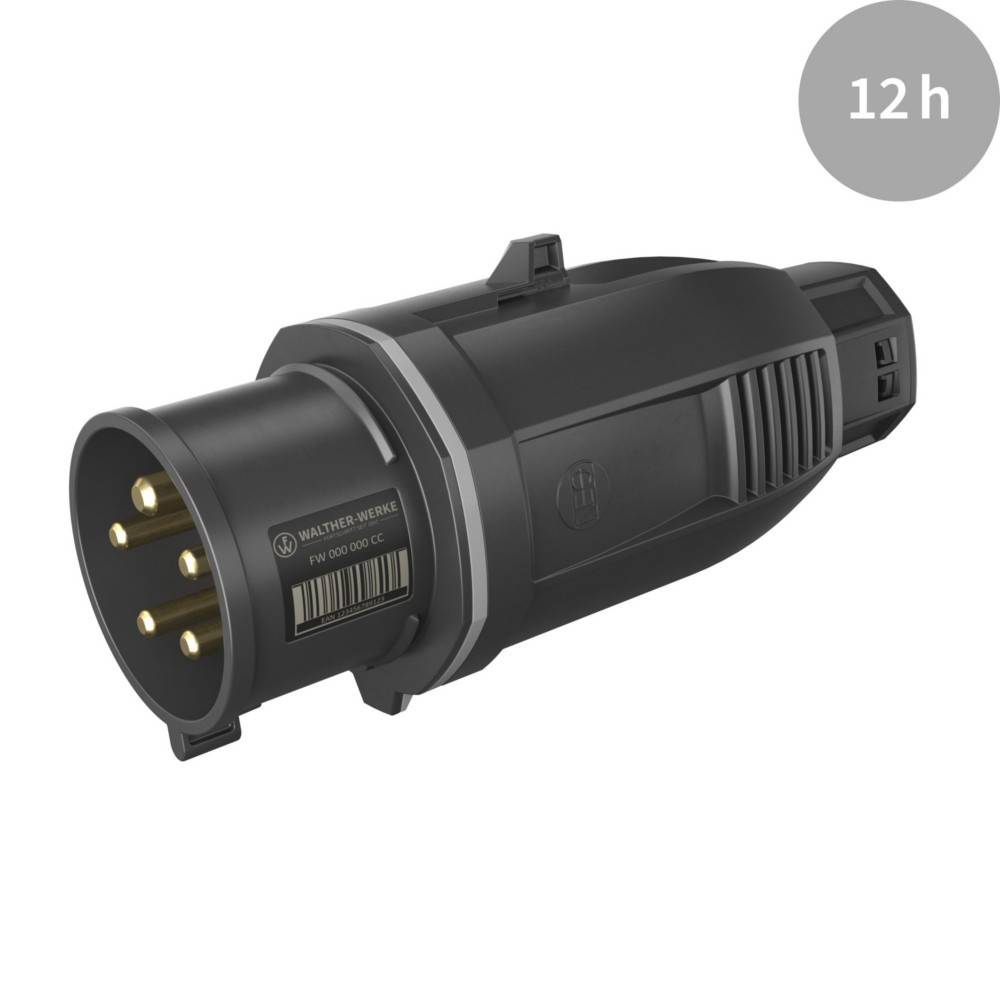 Ein schwarzer Elektrofahrzeug-Ladestecker ist zu sehen. In der Ecke steht der Text '12h', der eine Ladezeit von 12 Stunden anzeigt.