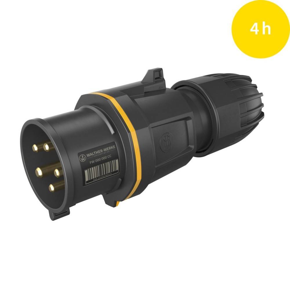 Ein schwarzer und gelber Industriestecker mit vier Pins, gekennzeichnet mit ‚4h' in einem gelben Kreis in der oberen rechten Ecke.