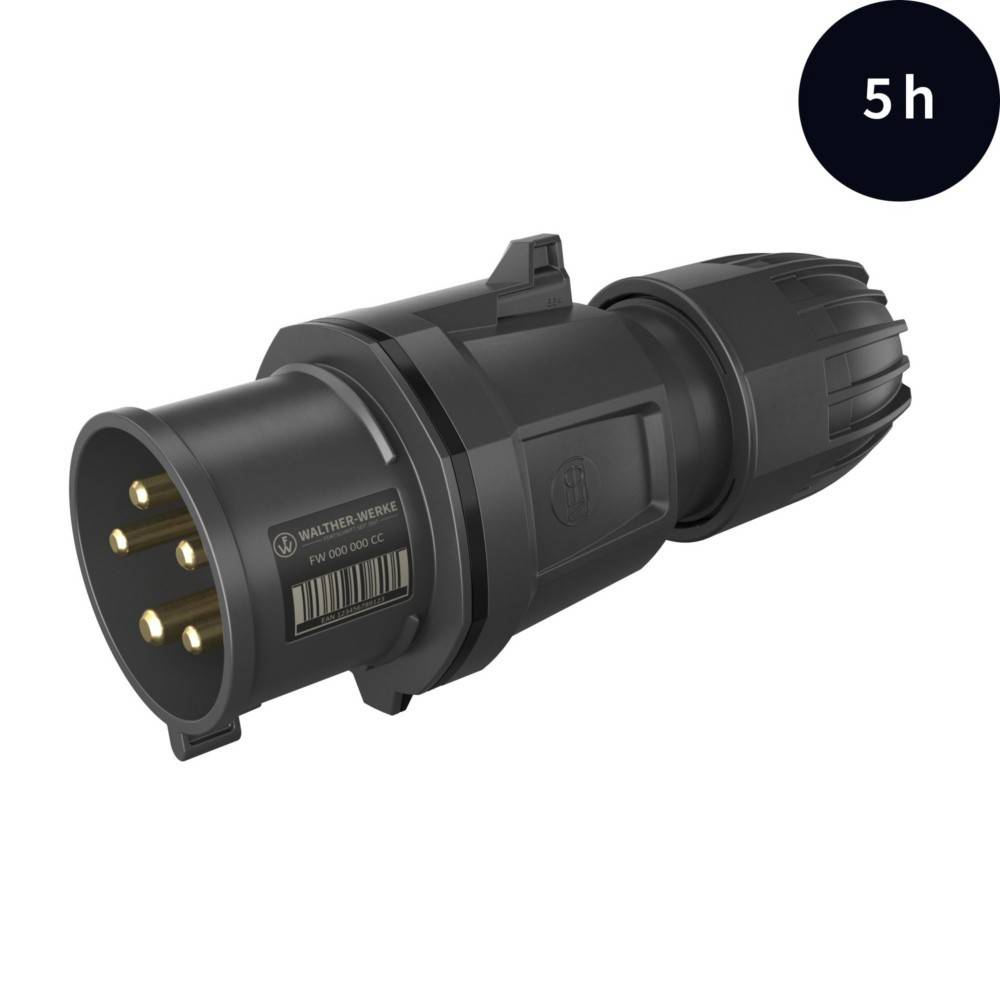 Ein schwarzer industrieller Stromstecker mit mehreren Pins und einer Beschriftung. Ein Kreis in der oberen rechten Ecke mit der Aufschrift „5h