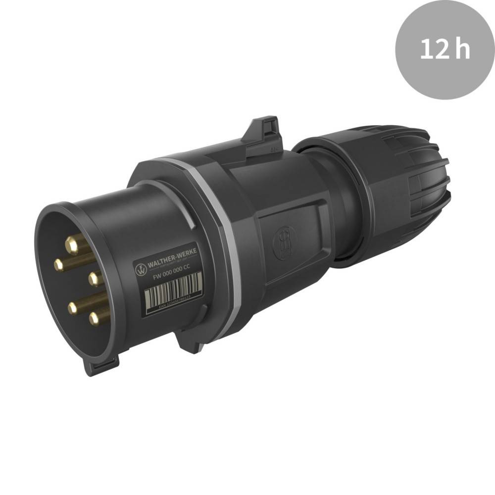 Ein schwarzer industrieller Stromstecker mit vier goldenen Stiften vor einem weißen Hintergrund. Ein grauer Kreis in der Ecke zeigt '12h'.