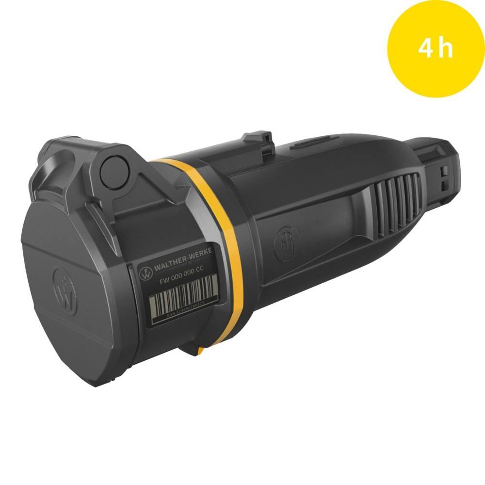 Eine schwarze, handgehaltene Taschenlampe mit einem gelben Akzent um den Hals und einer '4h'-Beschriftung in der Ecke, die vier Betriebsstunden anzeigt.