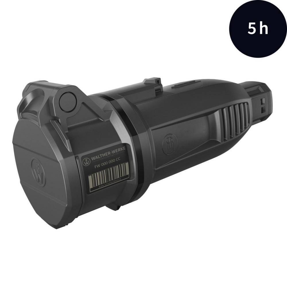 Ein schwarzes, zylindrisches Gerät mit strukturierter Oberfläche, markiert mit der Marke 'Walther', verfügt über einen kleinen Bildschirm mit einem Barcode. Ein weißer Kreis mit der Aufschrift '5h' befindet sich in der oberen rechten Ecke.