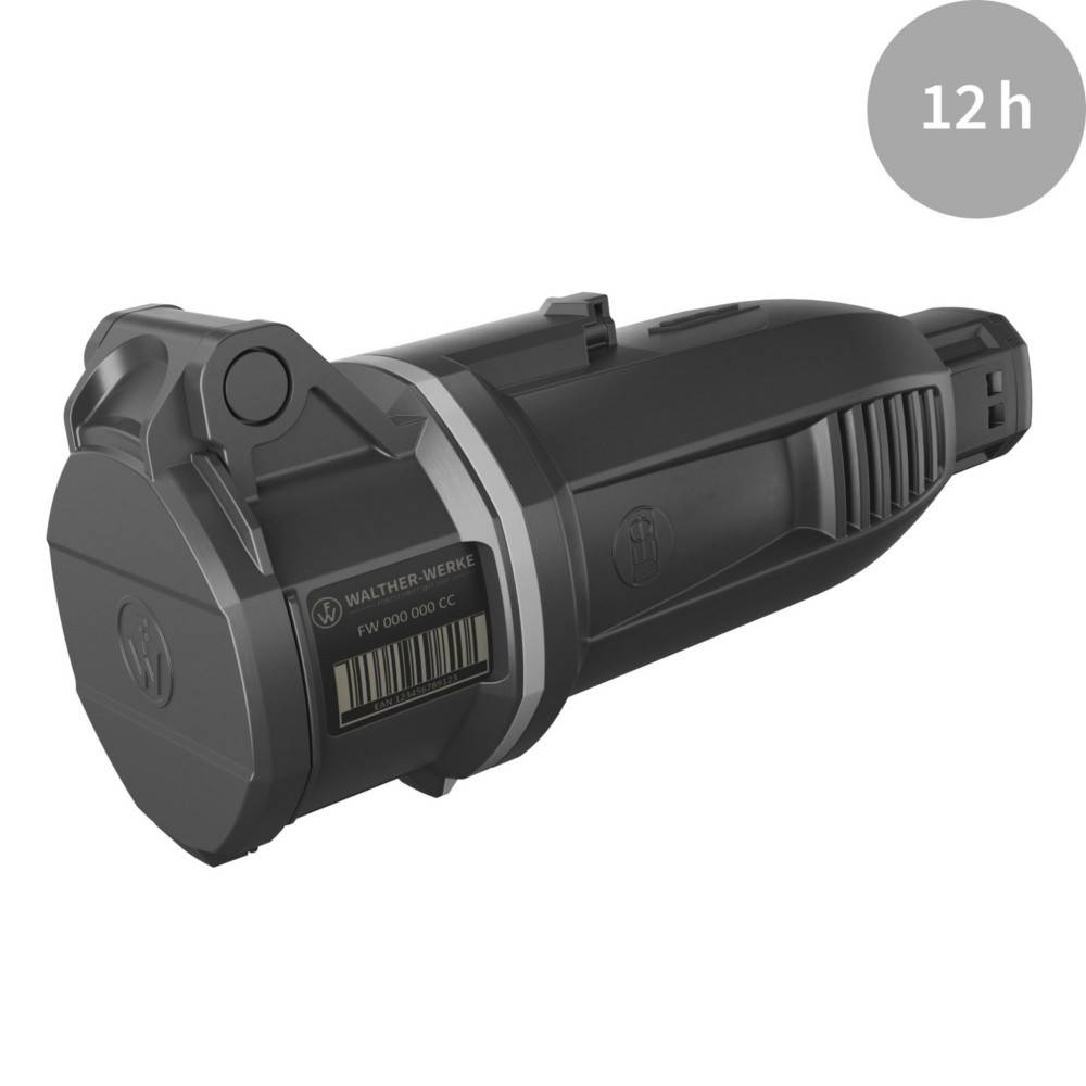 Eine schwarze, zylindrische Taschenlampe mit strukturiertem Griff und Barcode, gekennzeichnet mit einem grauen Kreis '12h', der eine Batterielaufzeit von 12 Stunden anzeigt.