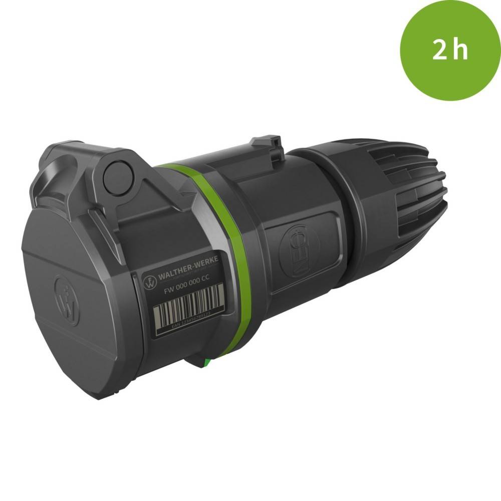 Ein schwarzes elektronisches Gerät mit einem Barcode und der Aufschrift 'Walther-Werke', vor einem grünen Kreis, der '2h' anzeigt und eine Dauer von zwei Stunden signalisiert.