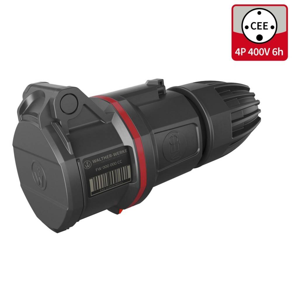 Ein schwarzer industrieller Elektrostecker mit einem roten Ring, gekennzeichnet mit 'CEE 4P 400V 6h', der seine Spezifikation für Hochspannungseinsatz anzeigt.