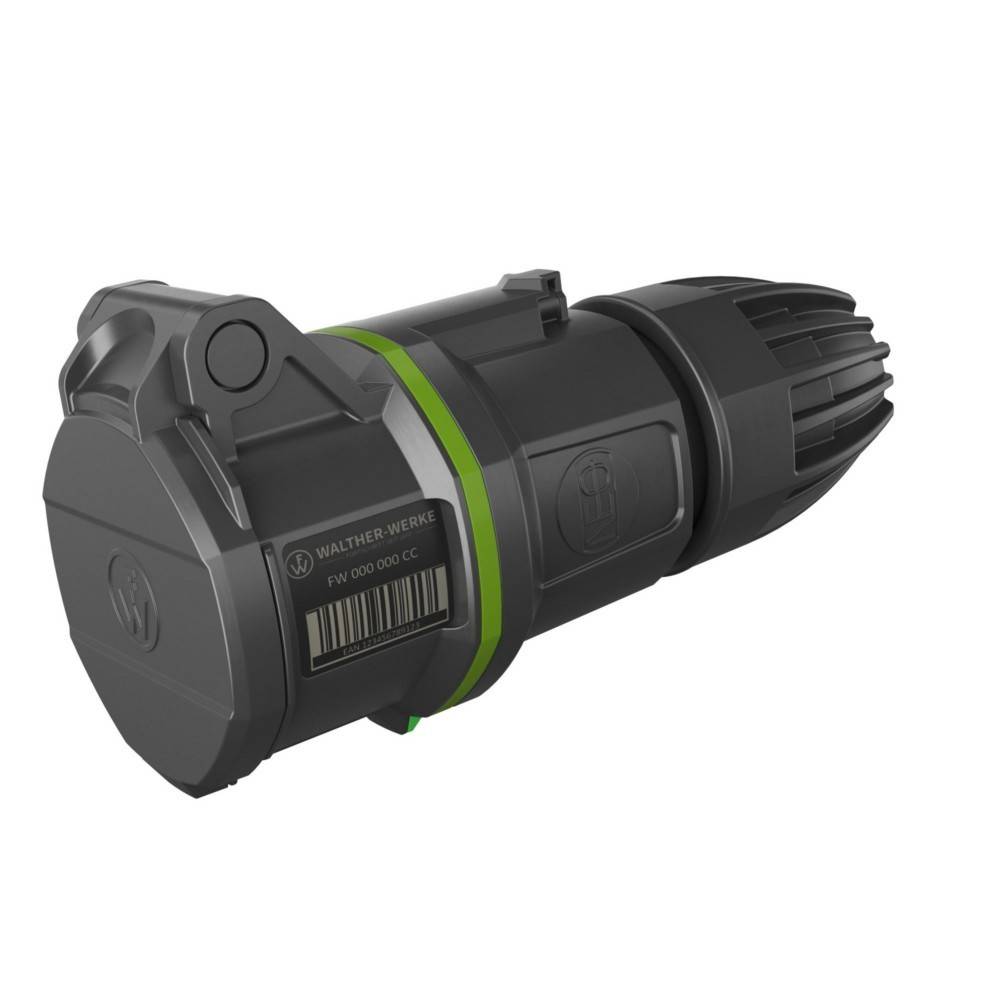Ein schwarzer zylindrischer elektrischer Stecker mit einem Barcode und der Aufschrift 'Walther Werke'. Er verfügt über ein grünes Band und wirkt industriell.