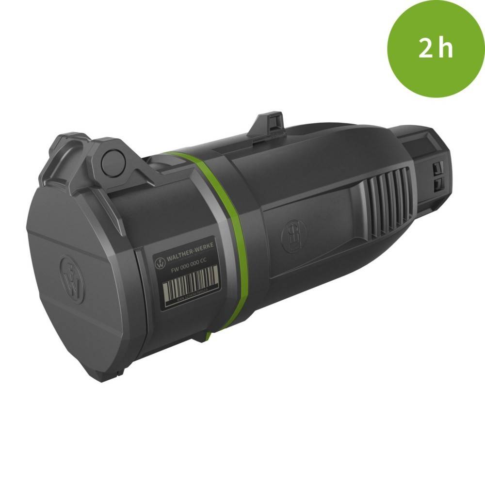 Ein schwarzer zylindrischer Werkzeug mit Griff, mit einem Barcode und dem Zeichen 'Walther' beschriftet, positioniert unter einem grünen Kreis mit der Aufschrift '2h'.