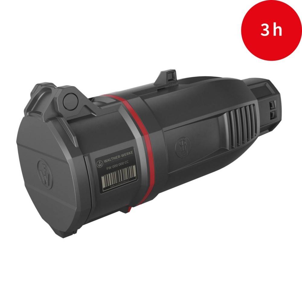 Eine schwarze und rote Akku-Werkzeugbatterie mit einer digitalen Anzeige. Der rote Kreis in der oberen rechten Ecke zeigt '3h' und gibt die Ladezeit an.