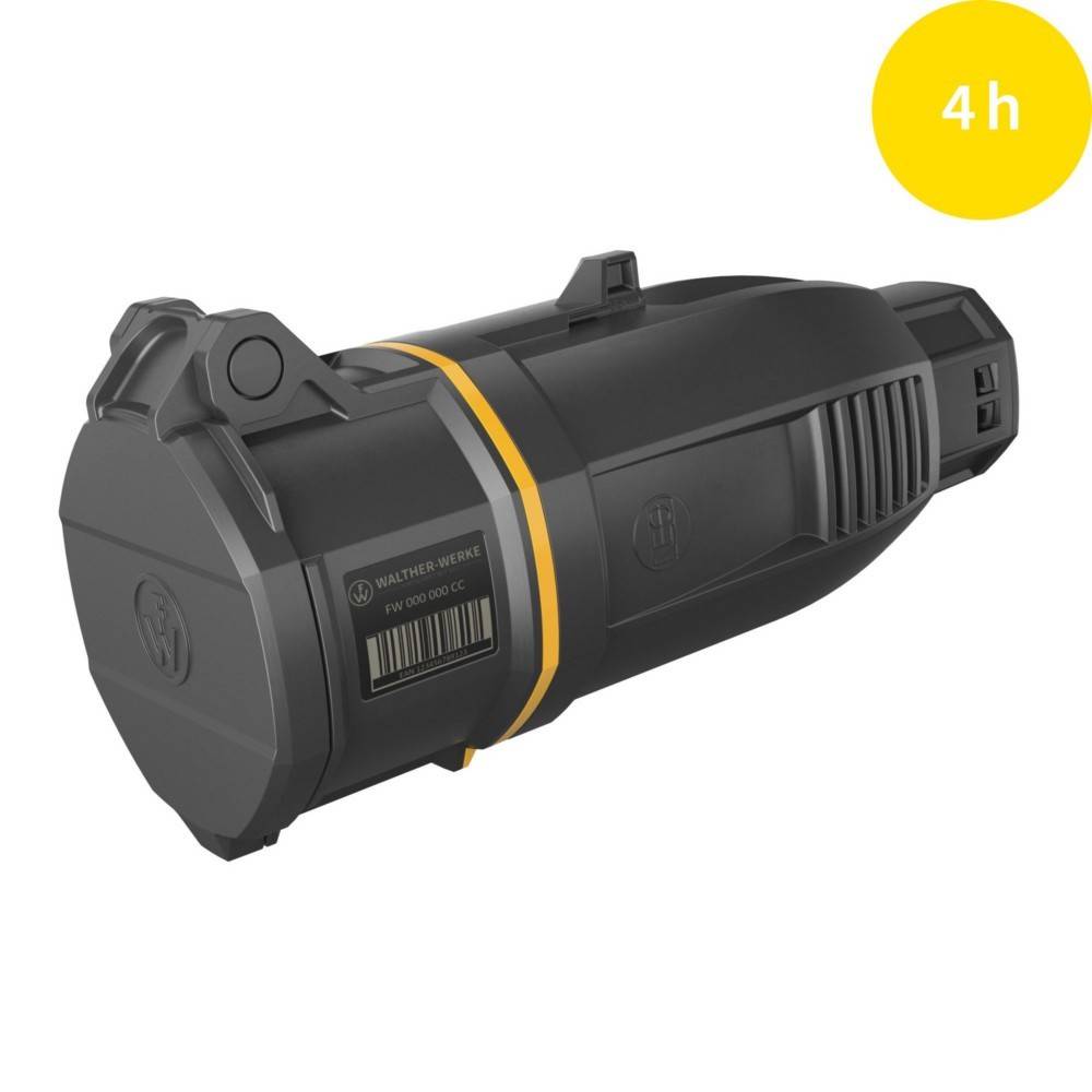 Eine schwarze und gelbe Handtaschenlampe mit '4h' in einem gelben Kreis in der oberen rechten Ecke, der vier Stunden Batterielaufzeit anzeigt.