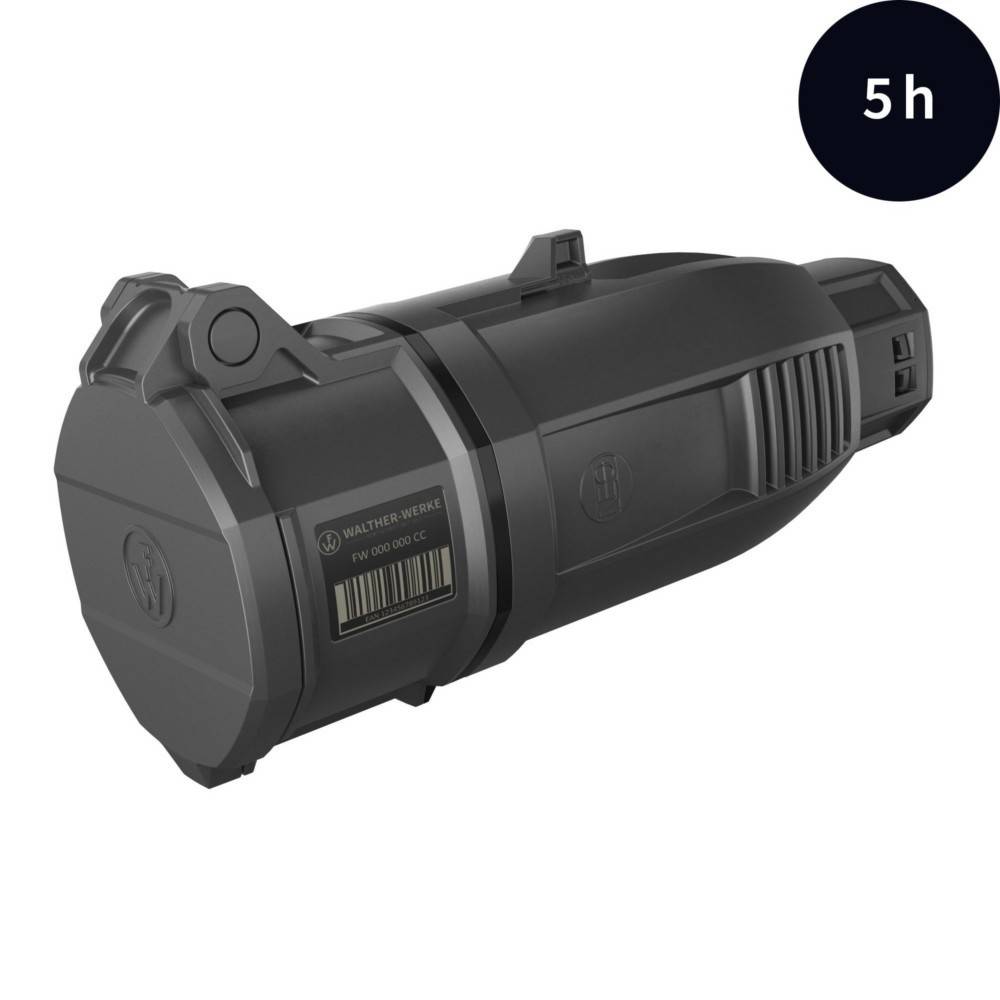 Schwarze taktische Taschenlampe mit robustem Design, ausgestattet mit einem Endschalter und gekennzeichnet mit '5h', was auf eine Batterielebensdauer von 5 Stunden hinweist.