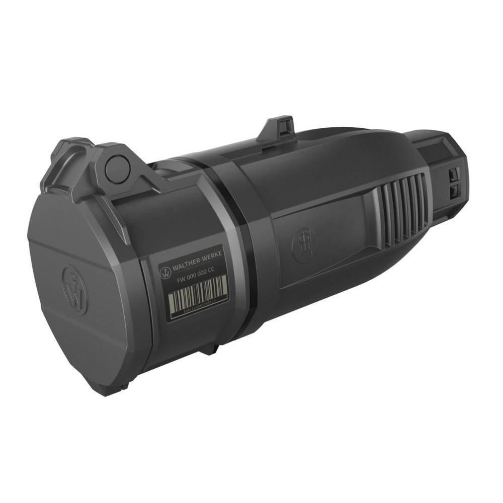 Eine schwarze taktische Taschenlampe mit robustem Design, versehen mit einem Barcode und einem Etikett mit der Aufschrift ‚Walther BRMC' an ihrer Seite, geeignet für den Outdoor-Einsatz.