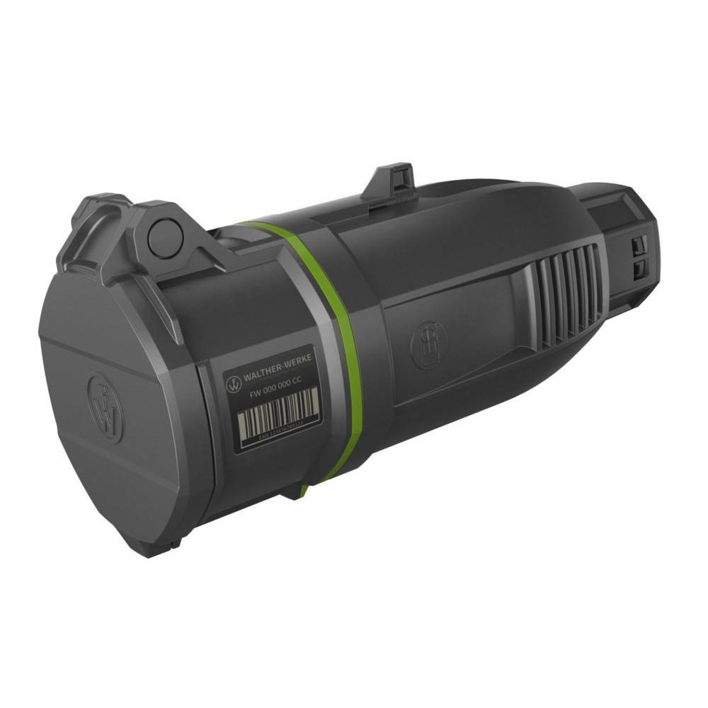 Schwarze zylindrische Batterie mit einem grünen Akzent, versehen mit einem Barcode und dem Text '12V 20000 mAh'.