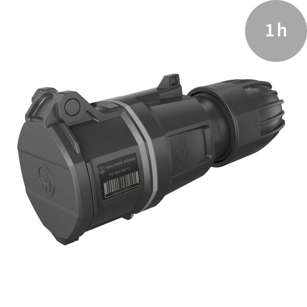 Ein abnehmbarer zylindrischer Batteriepack mit Klappe und beschriftetem Barcode, konzipiert für einfache Handhabung und Austausch. Etikett zeigt '1h'.