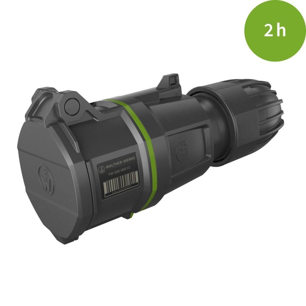 Eine schwarze und grüne Taschenlampe mit einem Barcode und dem Text '2h' in einem grünen Kreis, der 2 Stunden Nutzungsdauer anzeigt.