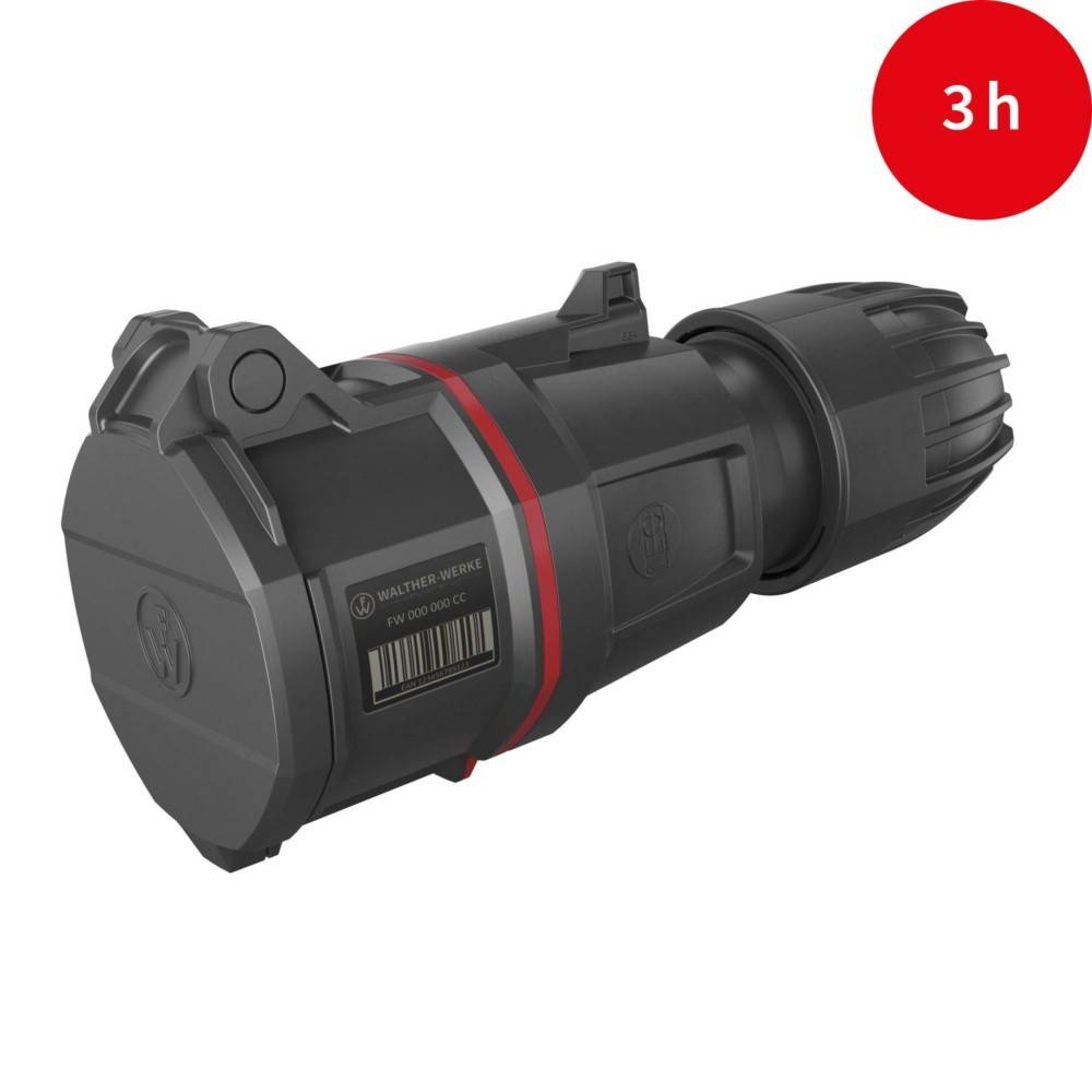 Eine schwarze, kompakte Akkueinheit für Elektrowerkzeuge mit rotem Akzent, der in einem roten Kreissektor '3h' zeigt und damit eine Betriebsdauer von drei Stunden signalisiert.