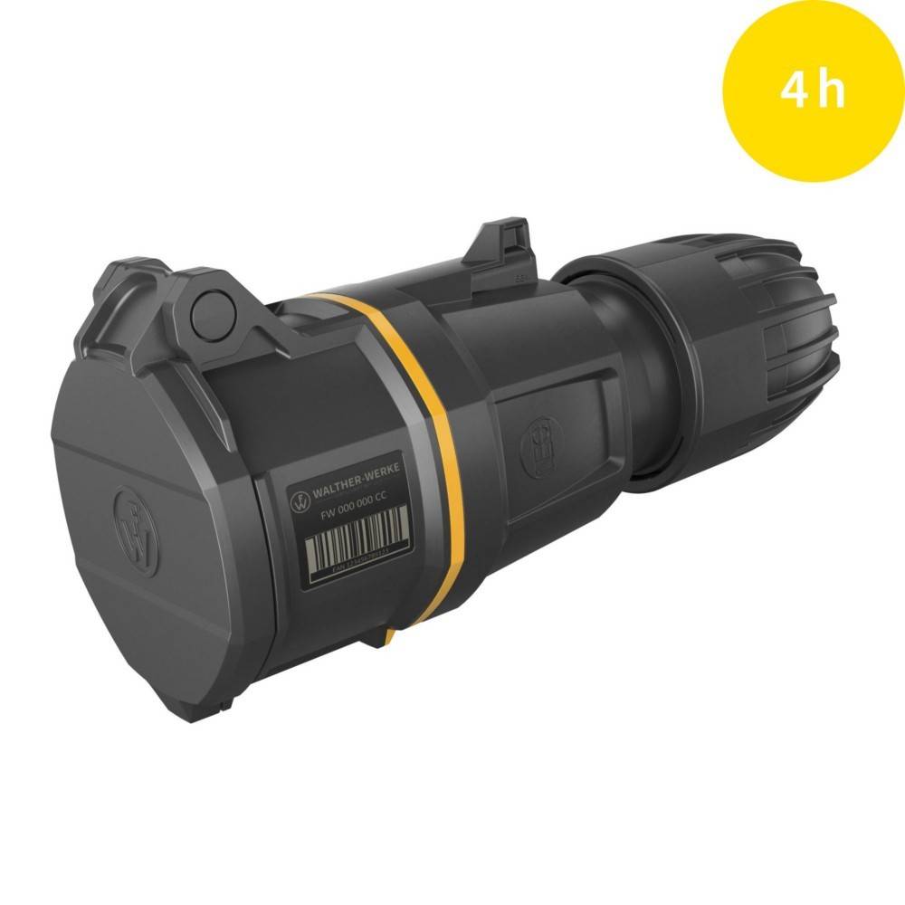 Eine schwarze Taschenlampe mit gelben Akzenten auf weißem Hintergrund, gekennzeichnet mit '4h' in einem gelben Kreis, was eine Betriebszeit von vier Stunden anzeigt.