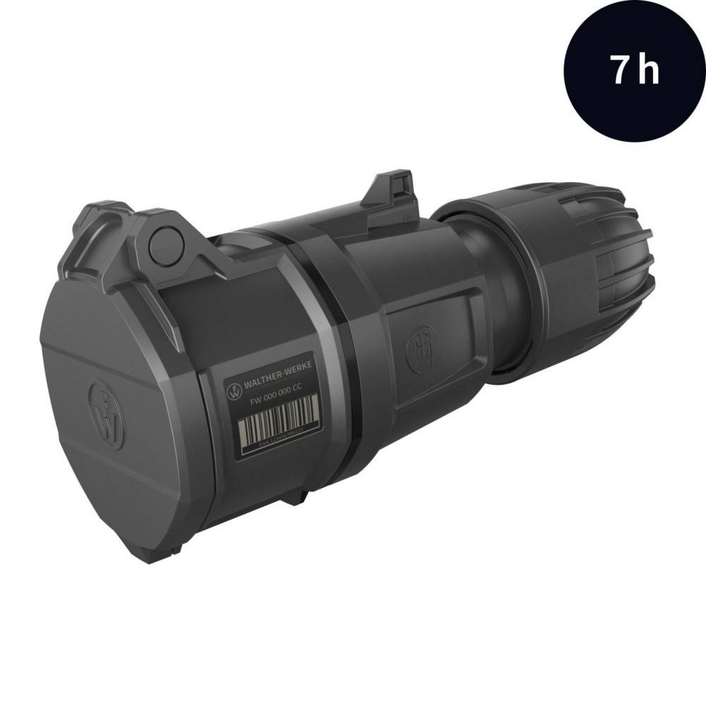 Ein schwarzes, zylindrisches Gerät mit einem Barcode an der Seite, das '7h' in einem dunklen Kreis anzeigt, was auf eine Dauer oder einen Zeitraum hindeutet.