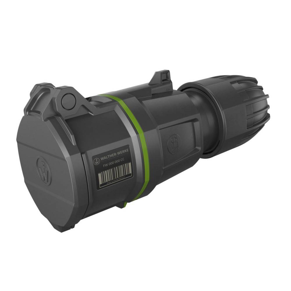 Ein schwarzes zylindrisches elektronisches Gerät mit einem Barcode an der Seite, das ein kompaktes Design und einen grünen Ringakzent aufweist, möglicherweise eine Taschenlampe.