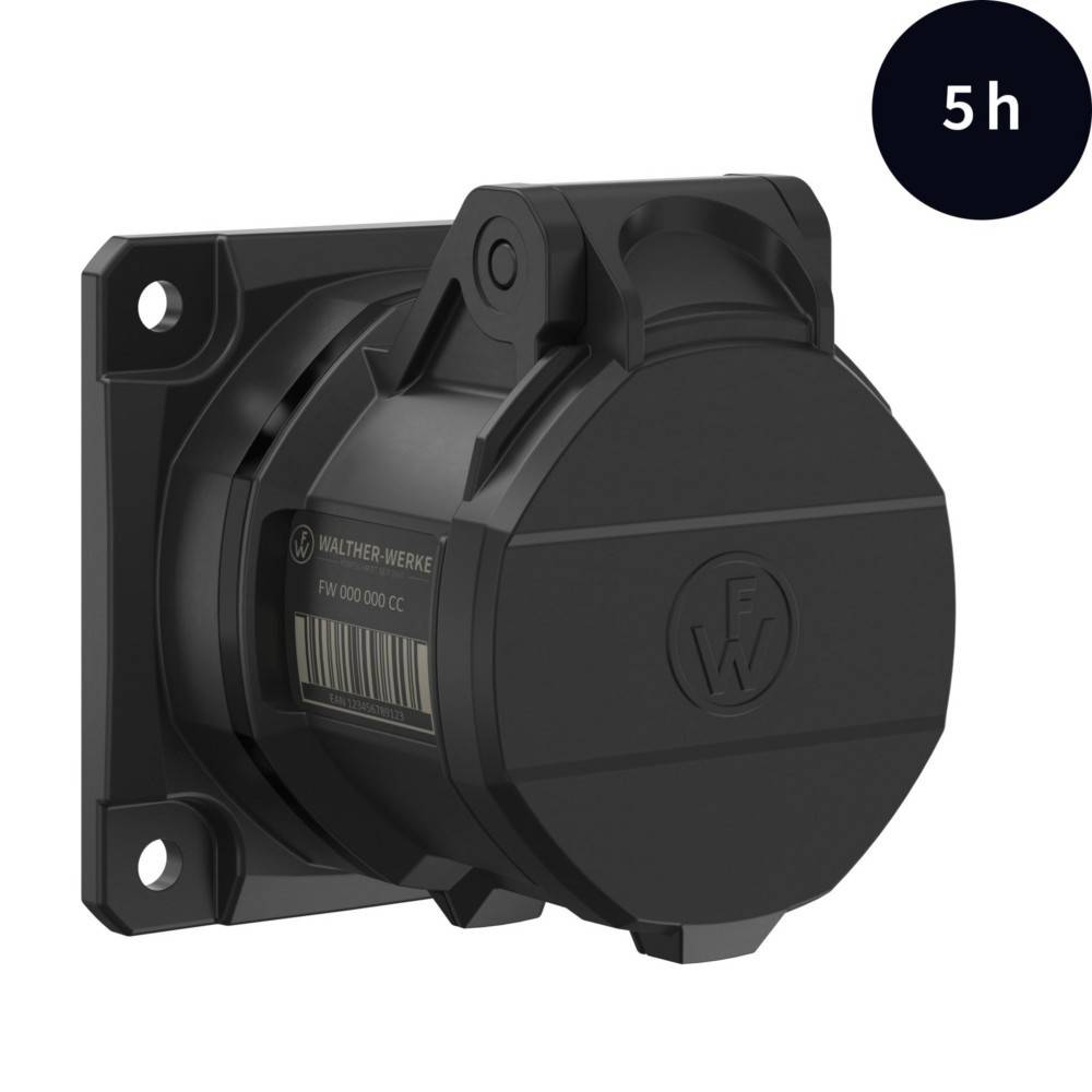 Eine schwarze Walther-Werke Industriesteckdose mit Schutzdeckel und sichtbarer Markierung. Ein kreisförmiges Etikett zeigt '5h'.