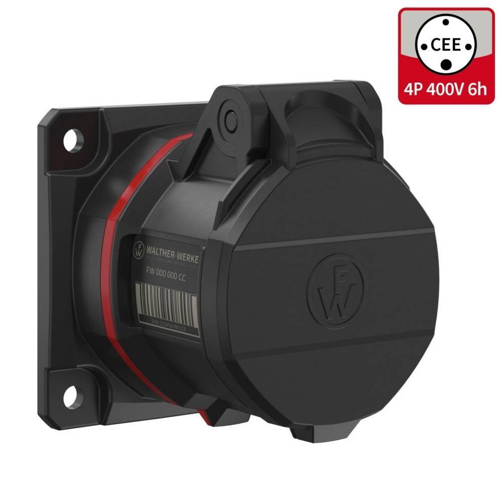 Eine schwarze industrielle Steckdose mit Klappdeckel, beschriftet mit 'Walther Werke', ausgelegt für eine 400V-Stromversorgung. Rotes und weißes Etikett 'CEE 4P 400V 6h' in der Ecke.