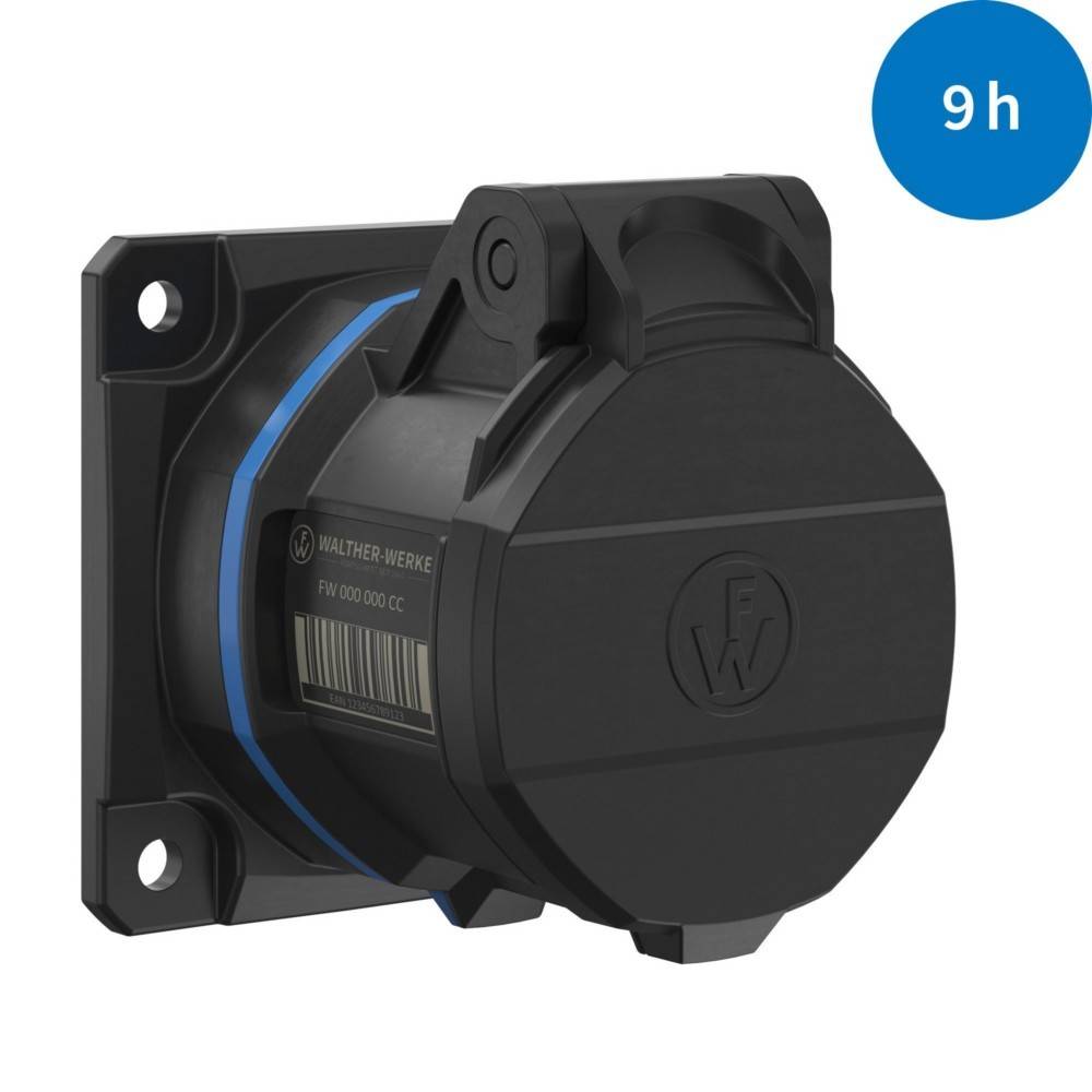 Eine schwarze elektrische Steckdose von Walther-Werke mit Abdeckung wird vor einem weißen Hintergrund gezeigt. Ein blauer Kreis in der oberen rechten Ecke zeigt '9h'.