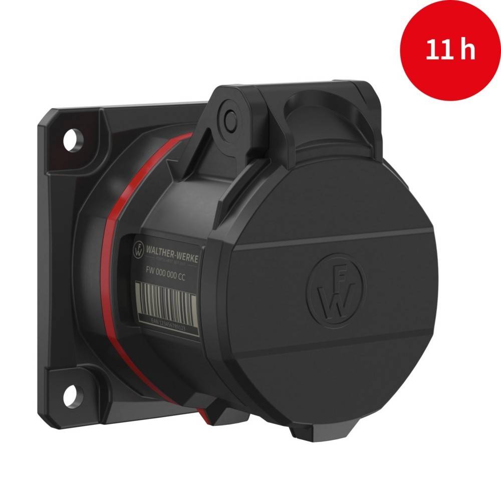 Eine schwarze Steckdose mit geschlossenem Deckel ist auf weißem Hintergrund zu sehen. In der oberen rechten Ecke befindet sich ein roter Kreis mit der Beschriftung '11 h'.