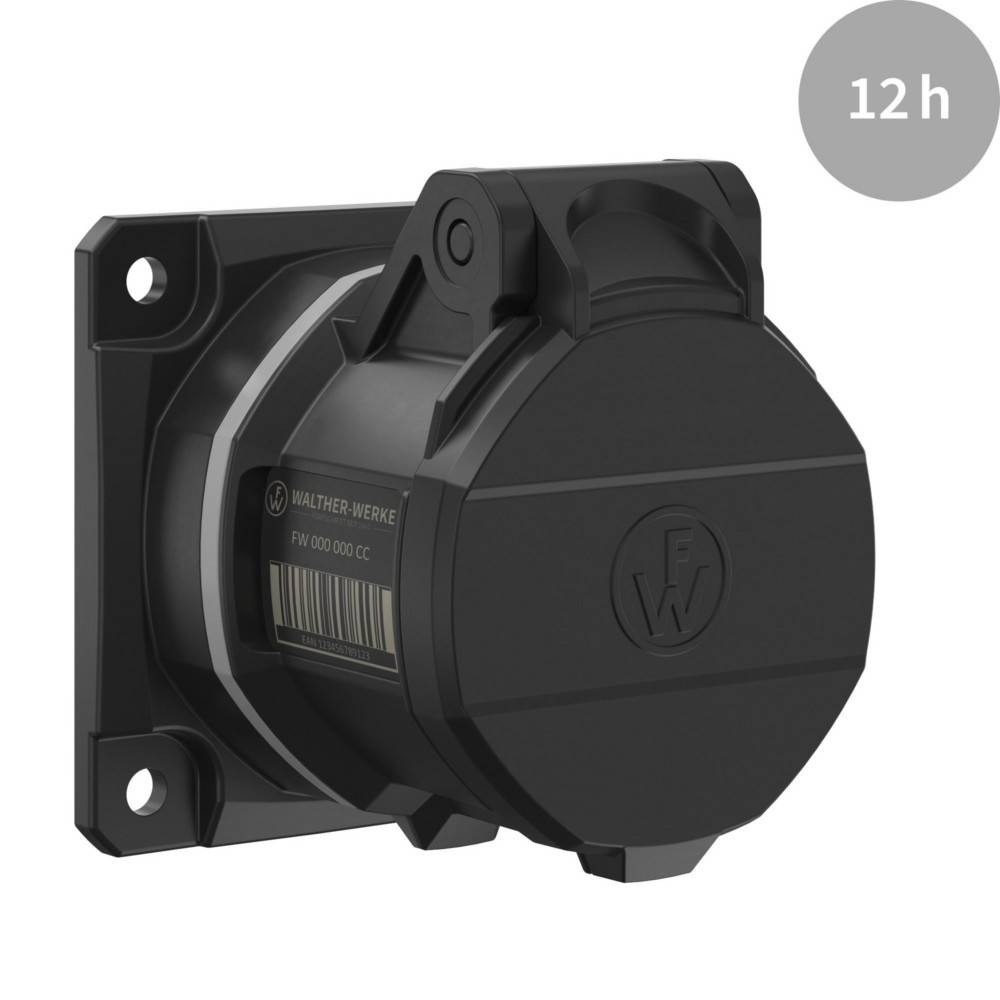 Eine schwarze Steckdosenabdeckung, an der Wand montiert, mit einer '12h'-Beschriftung in der oberen rechten Ecke des Bildes, die eine 12-stündige Nutzung anzeigt.