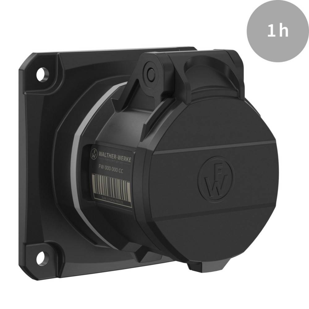 Eine schwarze industrielle elektrische Steckdose mit geschlossenem Deckel, montiert auf einer quadratischen Grundplatte, mit der Beschriftung '1h' in der oberen rechten Ecke.