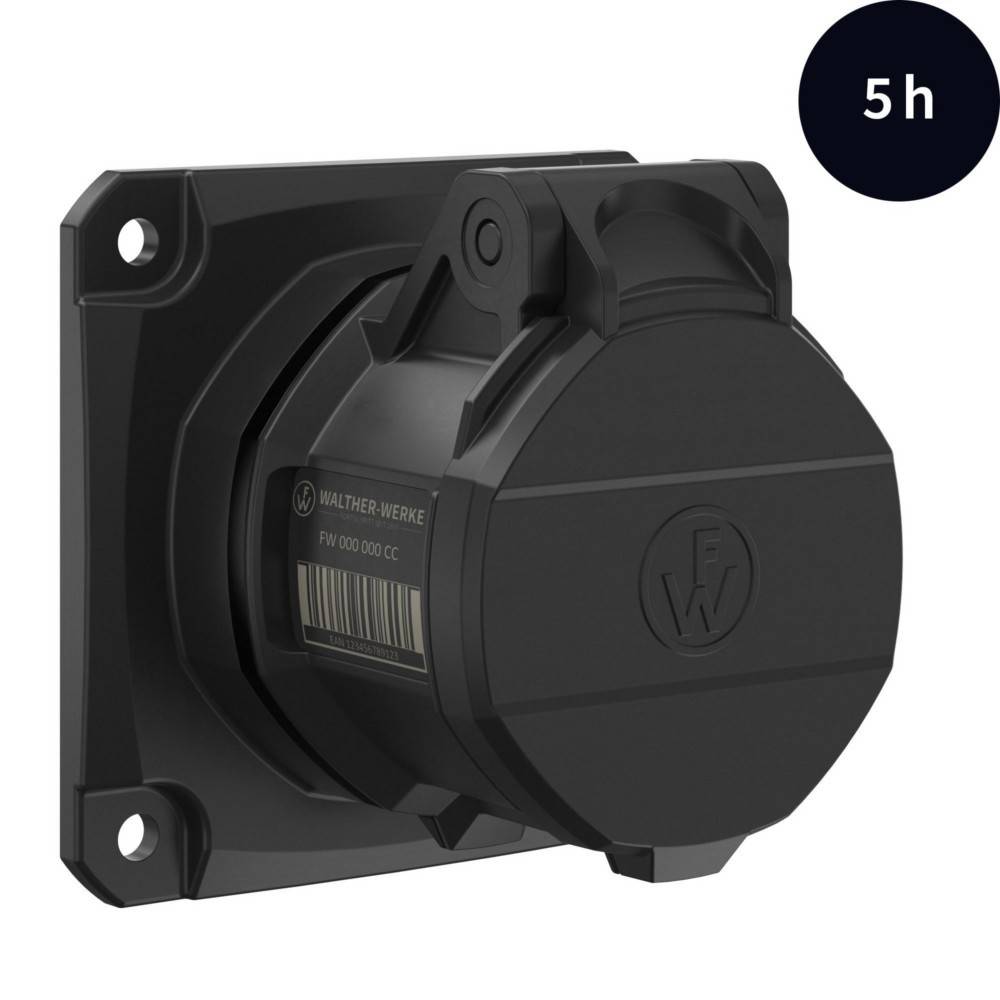 Industrielle Wandsteckdose mit geschlossenem Schutzdeckel, mit der Kennzeichnung '5h'. Geeignet für elektrische Außenanschlüsse.